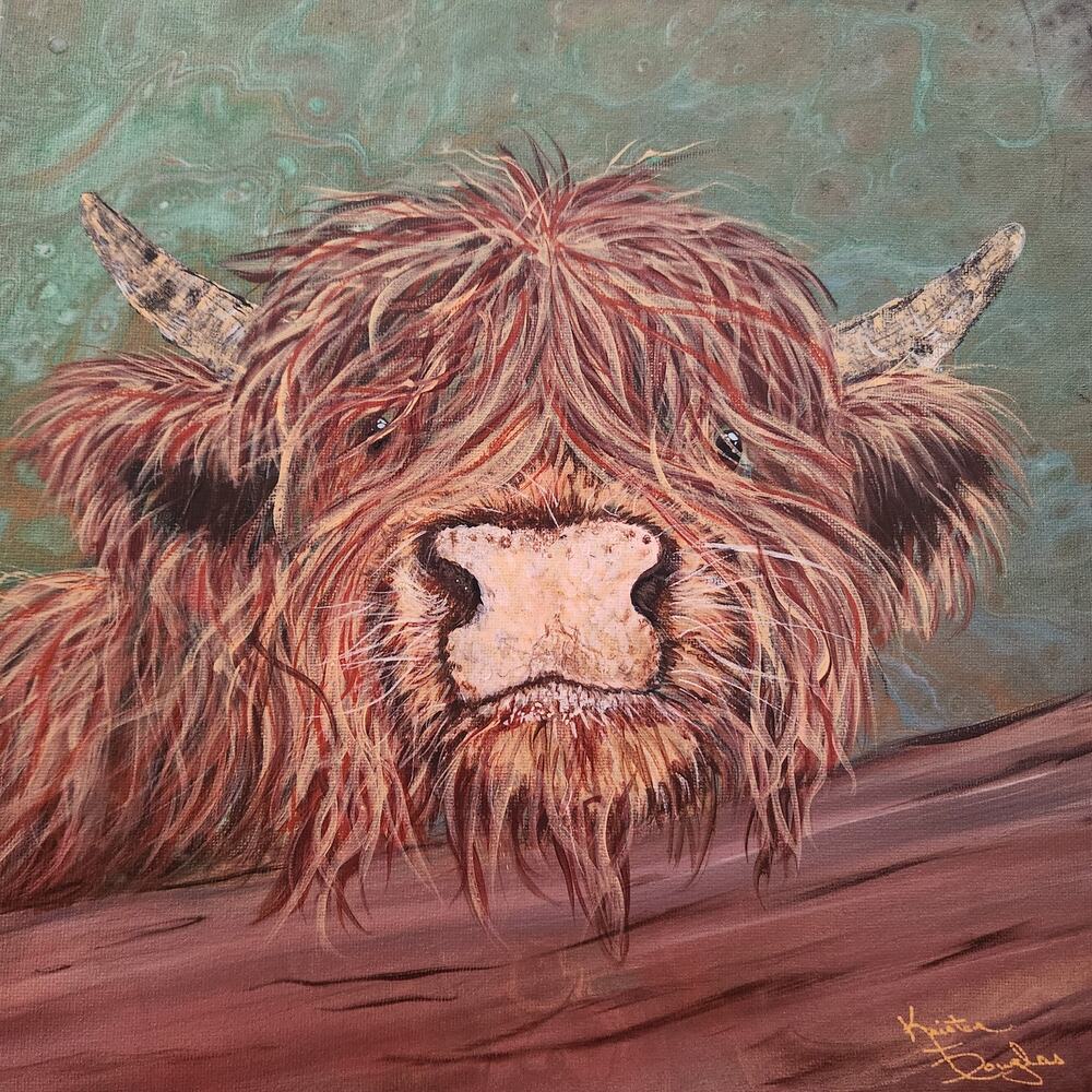 Art Print from my Original Work 12" x 12" "Highland Cow and Rail" Acid Free